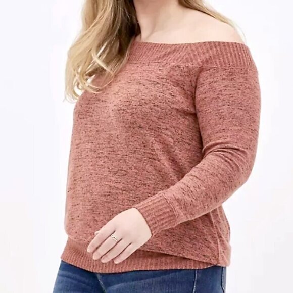 TORRID 4 Plus Size Off Shoulder Super Soft Plush Rib Trim Sweatshirt Coral ish - Picture 2 of 16